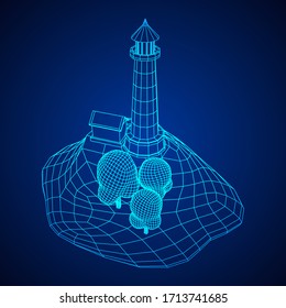 Lighthouse on rock stones island landscape. Navigation Beacon building. Wireframe low poly mesh vector illustration.