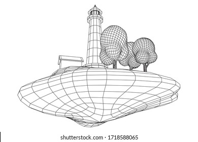 Lighthouse on rock stones island landscape. Navigation Beacon building. Wireframe low poly mesh vector illustration.
