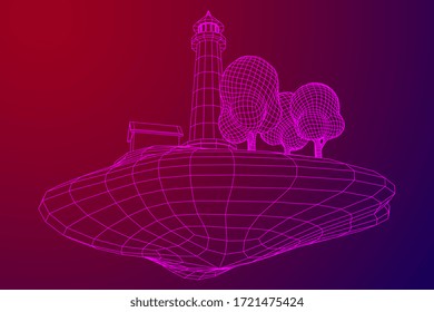 Lighthouse on rock stones island landscape. Navigation Beacon building. Wireframe low poly mesh vector illustration.