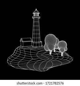 Lighthouse on rock stones island landscape. Navigation Beacon building. Wireframe low poly mesh vector illustration.