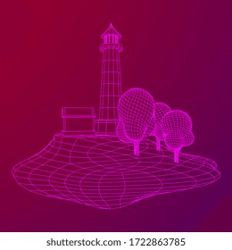 Lighthouse on rock stones island landscape. Navigation Beacon building. Wireframe low poly mesh vector illustration.