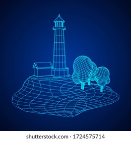 Lighthouse on rock stones island landscape. Navigation Beacon building. Wireframe low poly mesh vector illustration.