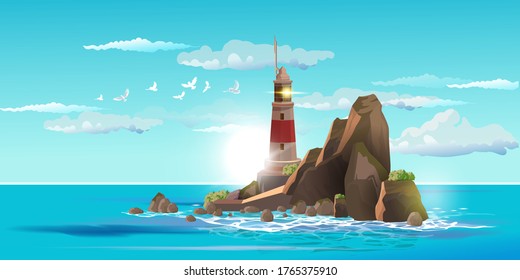 Lighthouse on rock stones island summer landscape. Navigation Beacon building in ocean. Vector illustration