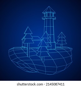 Lighthouse on rock stones island landscape. Navigation Beacon building. Wireframe low poly mesh vector illustration.