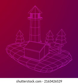 Lighthouse on rock stones island landscape. Navigation Beacon building. Wireframe low poly mesh vector illustration.