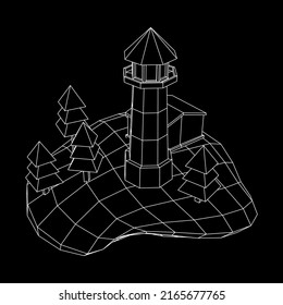 Lighthouse on rock stones island landscape. Navigation Beacon building. Wireframe low poly mesh vector illustration.