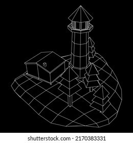 Lighthouse on rock stones island landscape. Navigation Beacon building. Wireframe low poly mesh vector illustration.