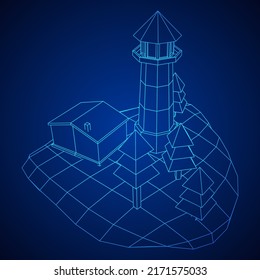 Lighthouse on rock stones island landscape. Navigation Beacon building. Wireframe low poly mesh vector illustration.