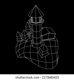Lighthouse on rock stones island landscape. Navigation Beacon building. Wireframe low poly mesh vector illustration.