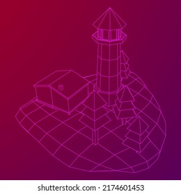 Lighthouse on rock stones island landscape. Navigation Beacon building. Wireframe low poly mesh vector illustration.