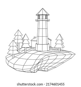 Lighthouse on rock stones island landscape. Navigation Beacon building. Wireframe low poly mesh vector illustration.