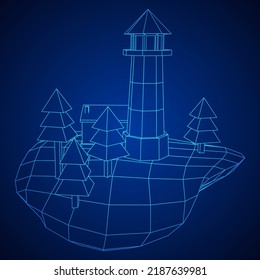 Lighthouse on rock stones island landscape. Navigation Beacon building. Wireframe low poly mesh vector illustration.