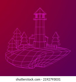 Lighthouse on rock stones island landscape. Navigation Beacon building. Wireframe low poly mesh vector illustration.