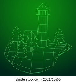 Lighthouse on rock stones island landscape. Navigation Beacon building. Wireframe low poly mesh vector illustration.