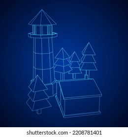 Lighthouse on rock stones island landscape. Navigation Beacon building. Wireframe low poly mesh vector illustration.