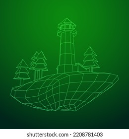 Lighthouse on rock stones island landscape. Navigation Beacon building. Wireframe low poly mesh vector illustration.