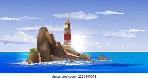 Lighthouse on rock stones island summer landscape. Navigation Beacon building in ocean. Vector illustration