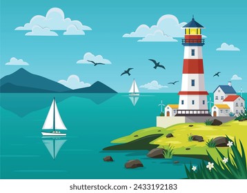 Lighthouse on rock stones island landscape, Mercusuar tower illustration in flat style