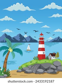 Lighthouse on rock stones island landscape, Mercusuar tower illustration in flat style