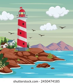 Lighthouse on rock stones island landscape, Mercusuar tower illustration in flat style