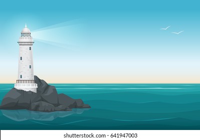 Lighthouse on rock stones island landscape. Navigation Beacon building in ocean. Vector illustration.