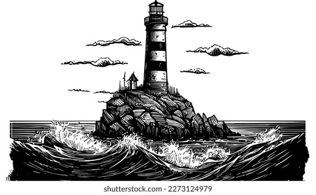 Lighthouse on rock vector black line illustration isolated white. Sketch art