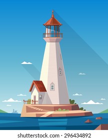 Lighthouse on the rock. Vector illustration.