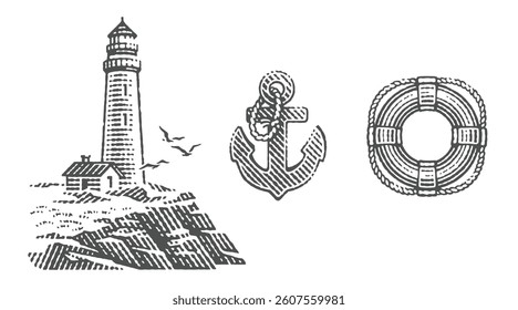 Lighthouse on the rocks, Anchor and Ring buoy. Hand drawn engraving style vector illustration.