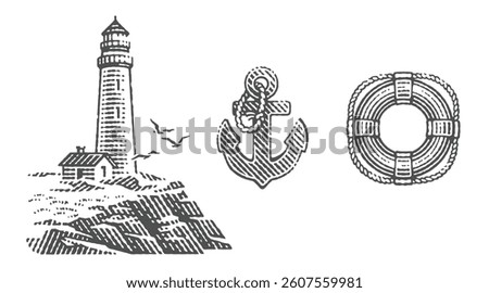 Lighthouse on the rocks, Anchor and Ring buoy. Hand drawn engraving style vector illustration.