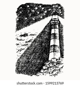 Lighthouse on the rocks hand drawn vector sketch isolated on the white background