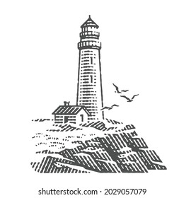 Lighthouse on the rocks. Hand drawn engraving style vector illustration.