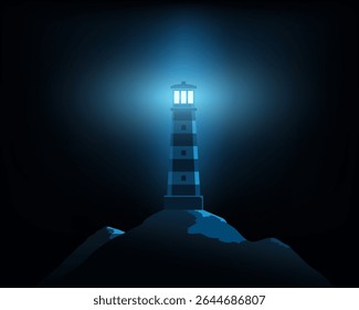 Lighthouse on the rocks illuminates the darkness. Vector illustration