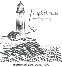 Lighthouse on the rocks and ocean. Hand drawn engraving style vector illustration.
