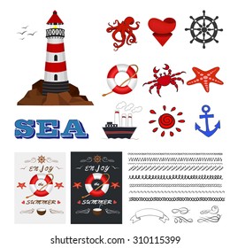 Lighthouse on the rocks with octopus, heart, steering wheel, lifebuoy, crab, starfish, ship, sun, anchor, design elements, inscription and birds. Vector illustration isolated on white background. 