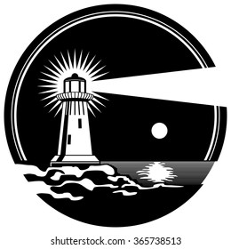 Lighthouse On The Rocks Shining Moonlit Night Vector Illustration