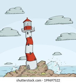 Lighthouse on rocks and splashing waves