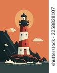 Lighthouse on the rocks. Vector illustration in flat cartoon style. wall art print poster