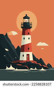 Lighthouse on the rocks. Vector illustration in flat cartoon style. wall art print poster