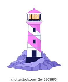 Lighthouse on rocky coast 2D cartoon object. Seaside beacon cliff rocks. Beach safety. Marine signal. Shore light. Nautical landmark isolated element flat vector clip art on white. Spot illustration