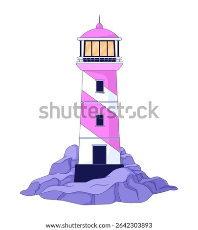 Lighthouse on rocky coast 2D cartoon object. Seaside beacon cliff rocks. Beach safety. Marine signal. Shore light. Nautical landmark isolated element flat vector clip art on white. Spot illustration