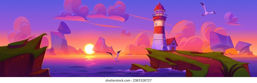 Lighthouse on rocky coast of ocean or sea during sunset or sunrise. Summer evening cartoon landscape of seashore with light beacon tower on cliff with grass, pink and purple gradient sky with clouds.