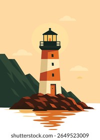 Lighthouse on Rocky Coast at Sunset
