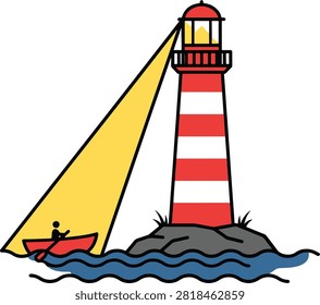 Lighthouse on rocky island directing light to small boat, ocean waves and nautical guidance concept artwork