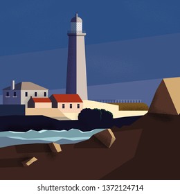 Lighthouse on the rocky island with houses! Vector! Layers!