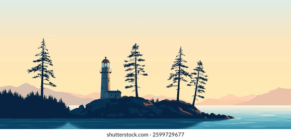 Lighthouse on rocky island, morning landscape vector illustration, coastal nature travel background with copy space, evening sea archipelago