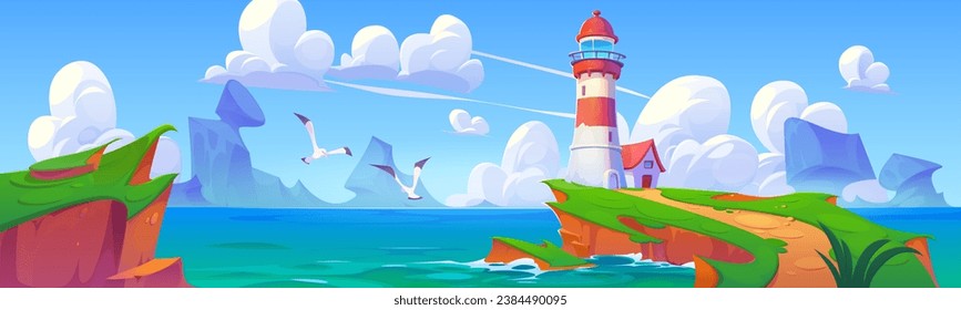 Faro en la isla rocosa en el mar. Dibujo vectorial de la torre de la baliza de navegación sobre un terreno verde, hermoso paisaje marino con olas en la superficie del agua, gaviotas que vuelan en un cielo azul turbio