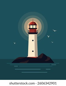 Lighthouse on Rocky Island in Sea, Night Seascape.