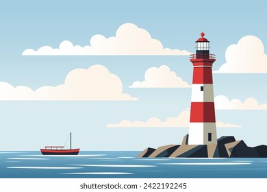 Lighthouse on a rocky seashore and a boat, flat vector illustration. Sea dayscape with a boat sailing towards the lighthouse, against the backdrop of a blue sky with clouds. 