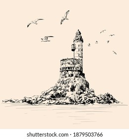 Lighthouse on the rocky seashore. Seagulls fly over the cliff. Hand drawing on a beige background.