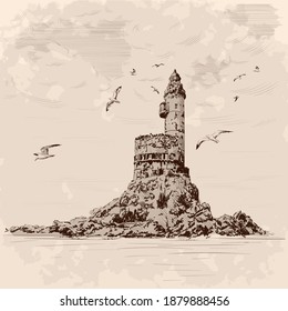 Lighthouse on the rocky seashore. Seagulls fly over the cliff. Hand drawing on a beige background.